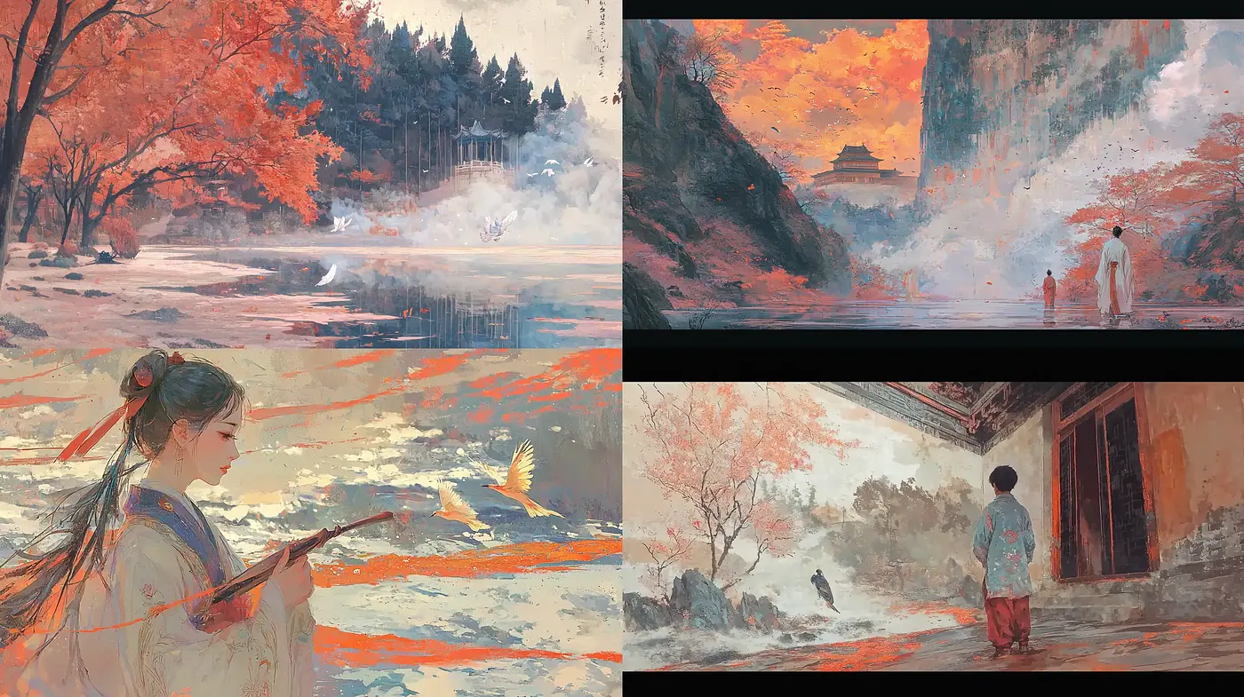 Ethereal Autumnal Dreamscapes: A Tranquil Meld of East Asian Essence in Brushwork - Midjourney sref style