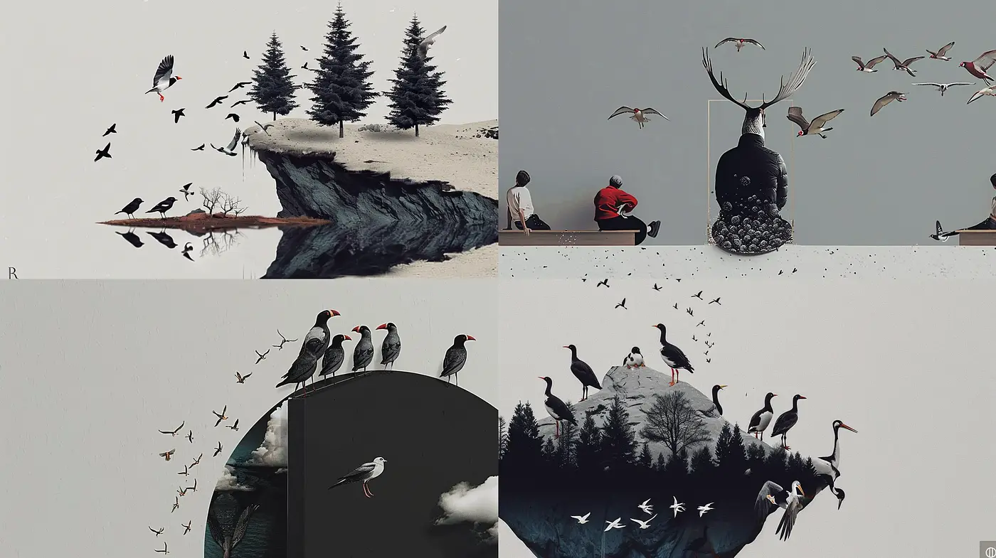 Tranquil Nature and Avian Motifs in a Surreal Dreamscape - Midjourney sref style