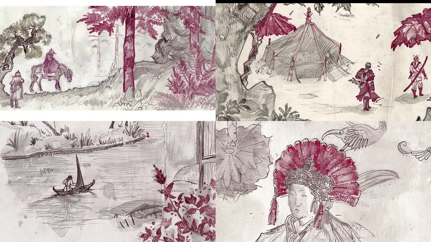 Antique Monochromatic Ink Sketchbook Aesthetics - Midjourney sref style