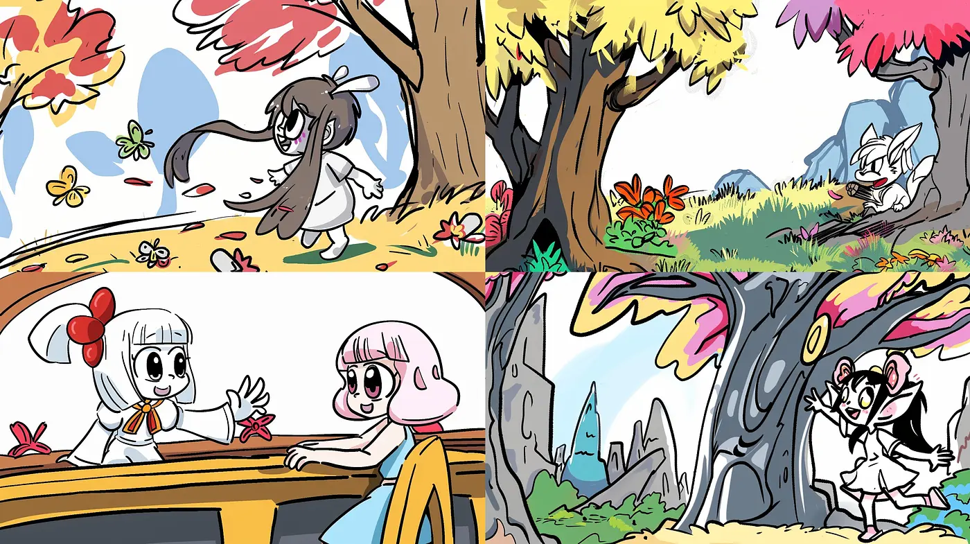 Playful Ink and Wash - Harmonized Whimsy across Contrasting Scenes - Midjourney sref style