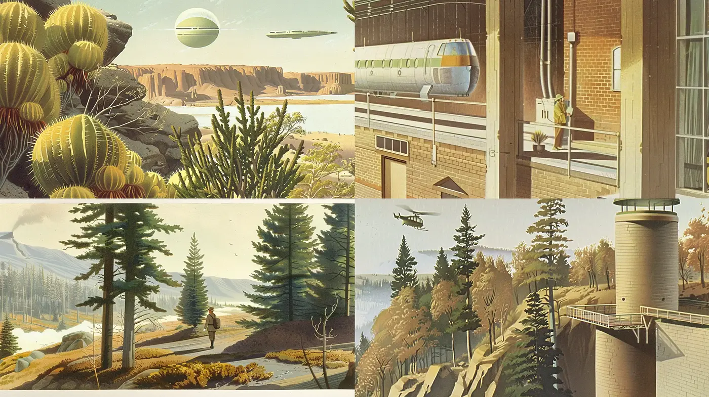 Retro-Futuristic Serenity with Pastel Hues and Nature - Midjourney sref style
