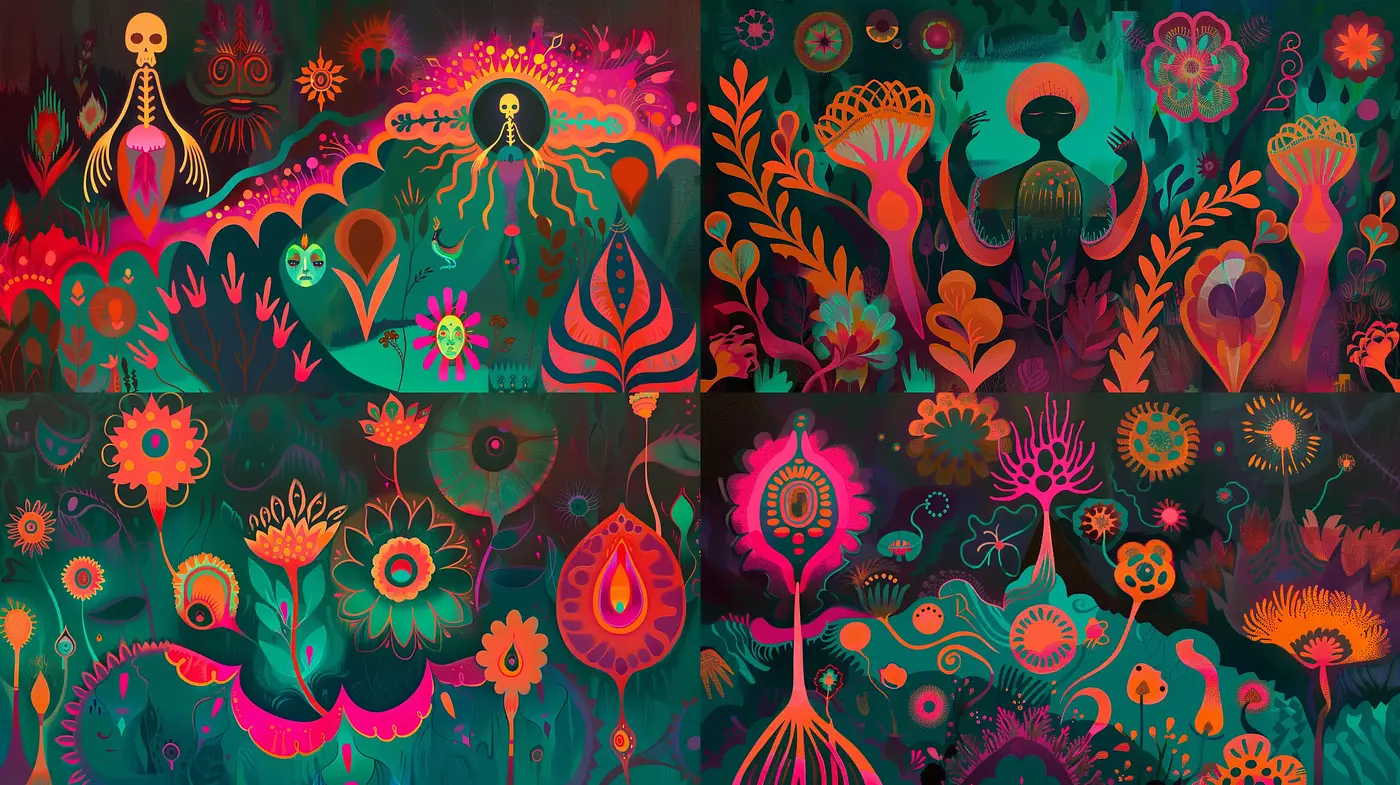 Enigmatic Floral Neon Dreamscape - Midjourney sref style