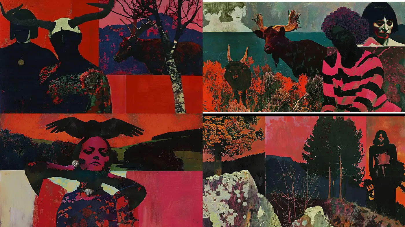 Surreal Silhouettes and Vibrant Contrasts in Transcendental Landscapes - Midjourney sref style