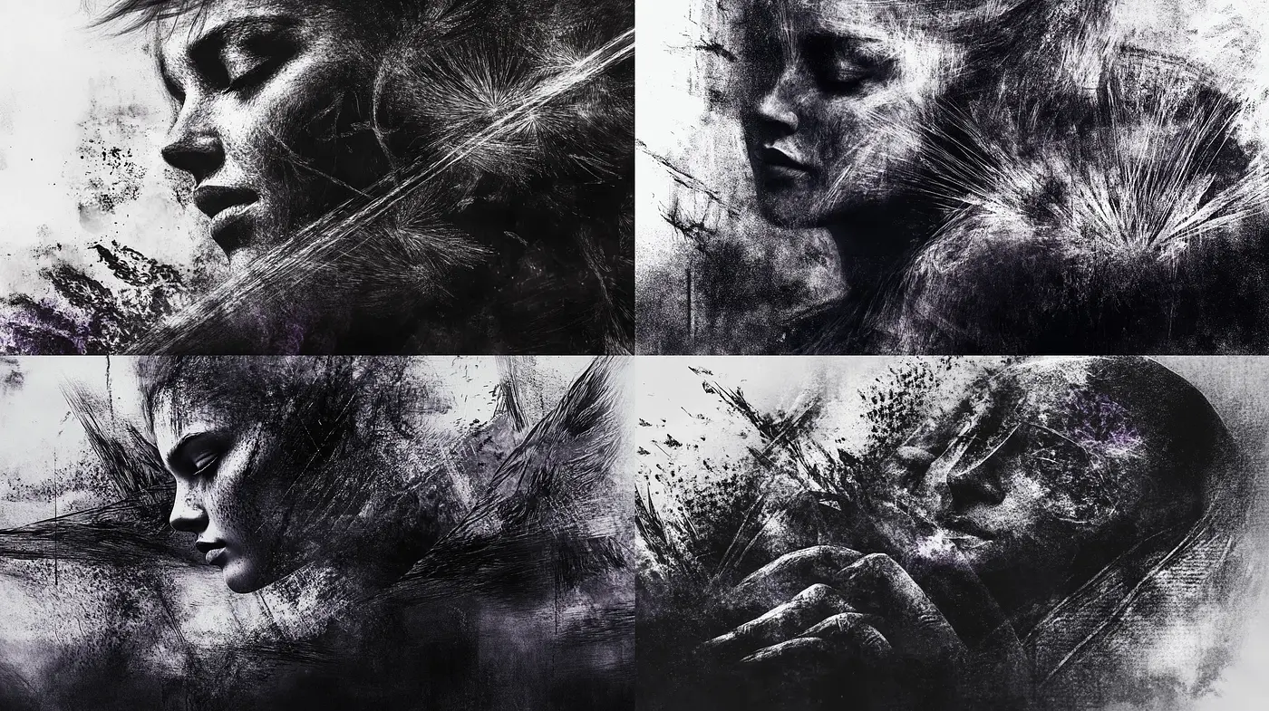 Monochromatic Whispers of Ephemeral Expressions - Midjourney sref style
