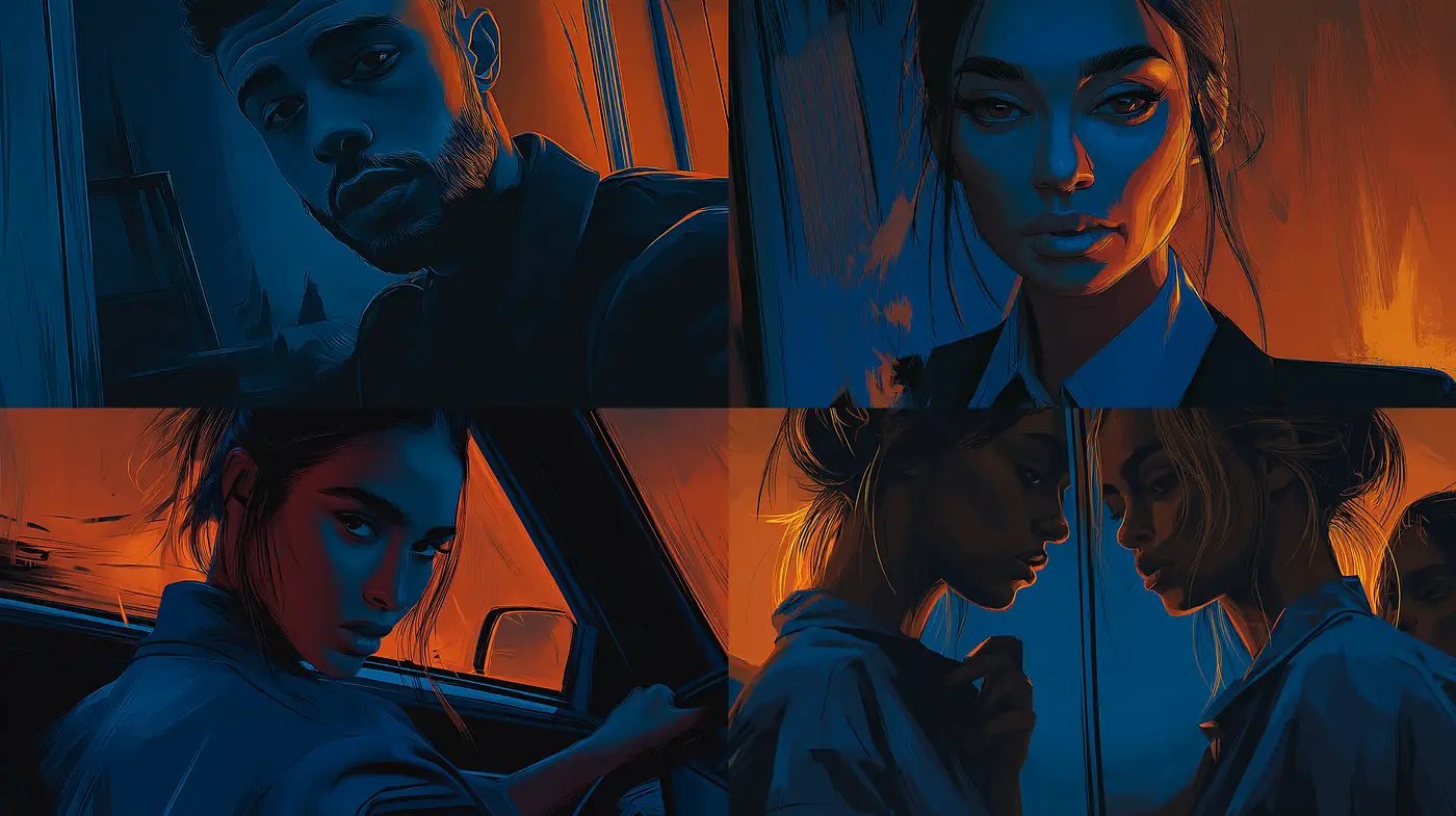 Dramatic and moody urban portraiture with strong contrasts - Midjourney sref style