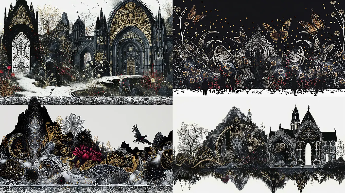 Gothic Reverie in Monochrome with Golden Accents - Midjourney sref style