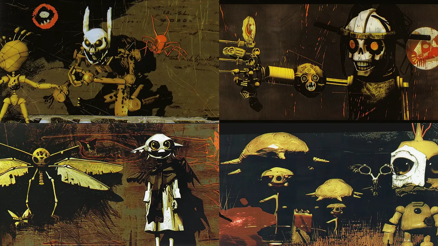 Dystopian Mechanical Surrealism with a Dark Sepia Tone - Midjourney sref style