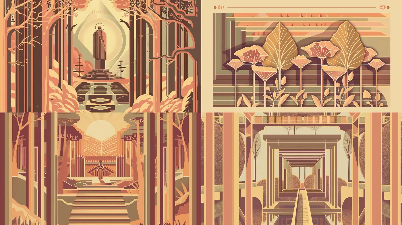 Autumnal Hues and Geometric Harmony: A Fusion of Art Deco Elegance and Natural Forms - Midjourney sref style