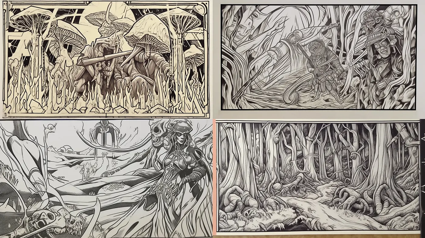 Consistent Monochromatic Fantasy Worlds with a Surreal Atmosphere - Midjourney sref style