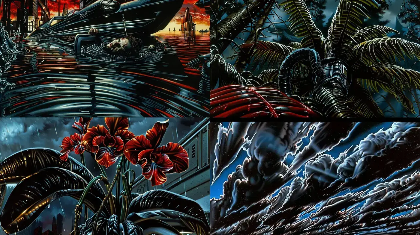 Moody and Dynamic Vivid Illustrations with a Surreal Edge - Midjourney sref style