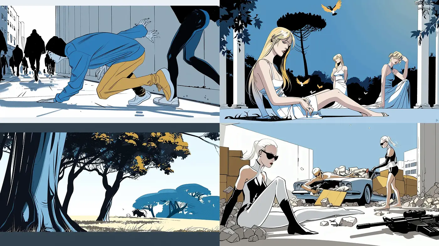 Contemporary Graphic Novel Aesthetic with a Cool-Toned Minimalist Palette - Midjourney sref style