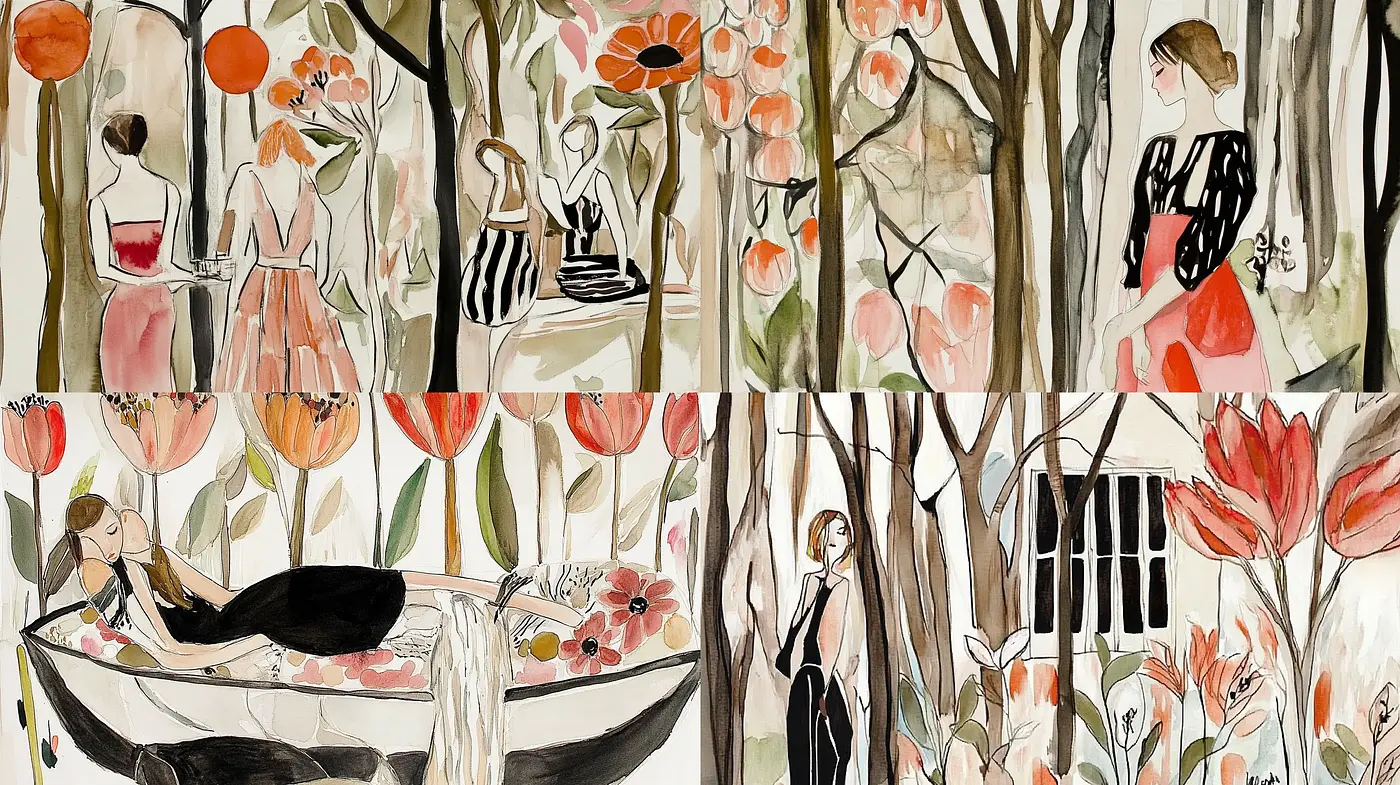 Elegant Whimsy in a Brushstroke: Coalescence of Nature and Femininity - Midjourney sref style
