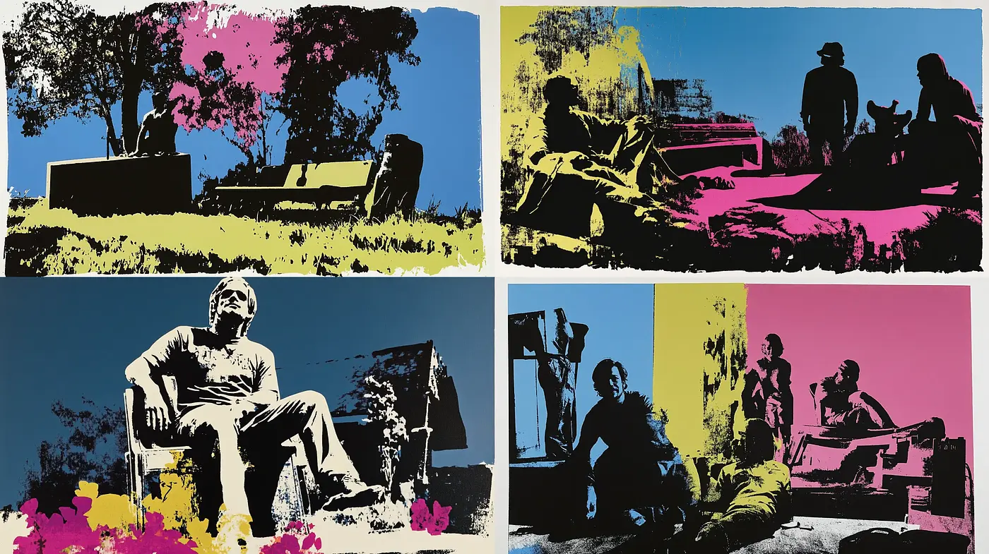 Silhouetted Figures Amidst Vibrant Pop Art Landscapes - Midjourney sref style