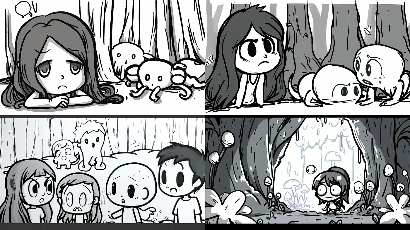 Monochromatic Whimsy: A Consistent Dance Between Cartoon and Emotive Expression - Midjourney sref style
