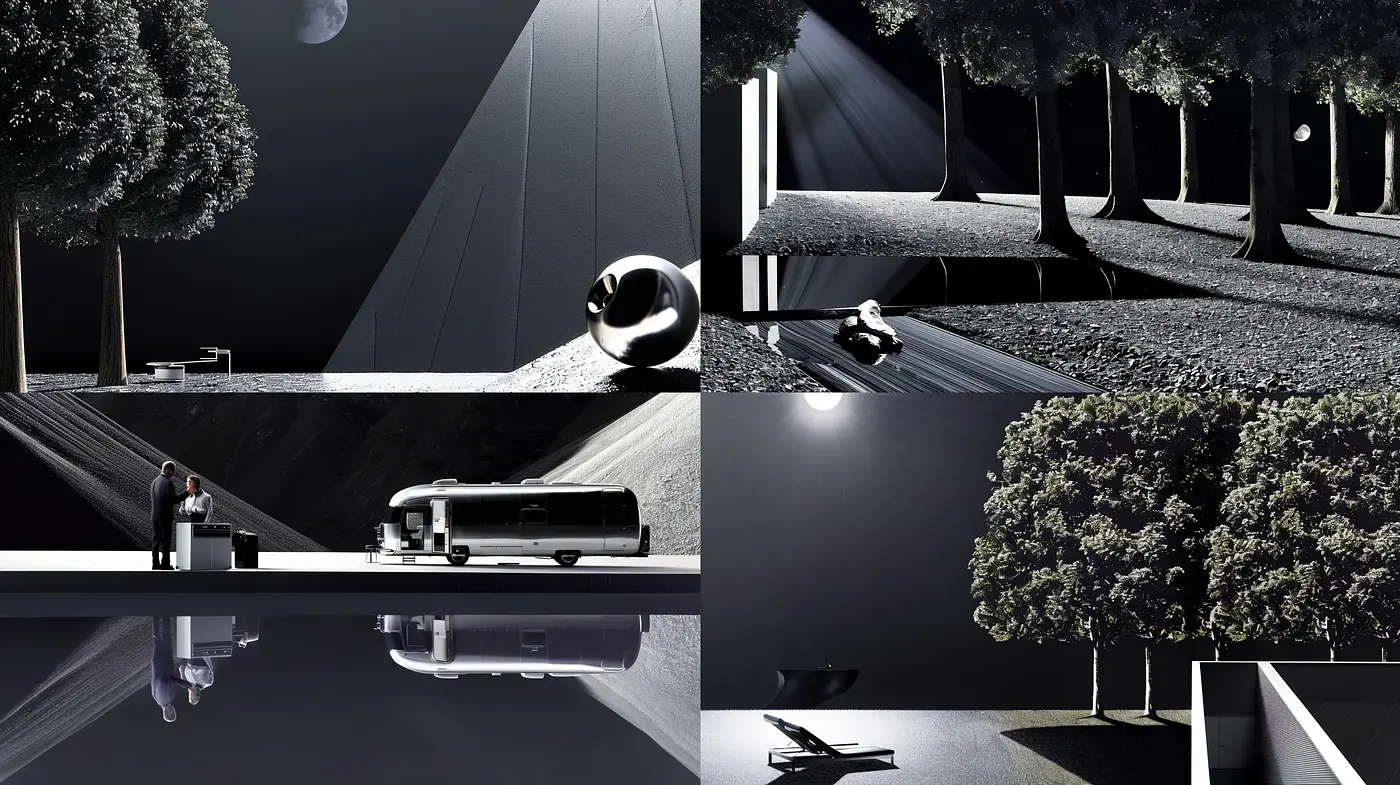 Nocturnal Serenity in Monochrome: A Harmonious Blend of Nature and Modernism - Midjourney sref style