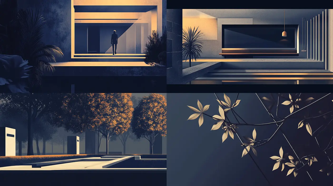 Nocturnal Serenity: Twilight Hues and Architectural Harmony - Midjourney sref style