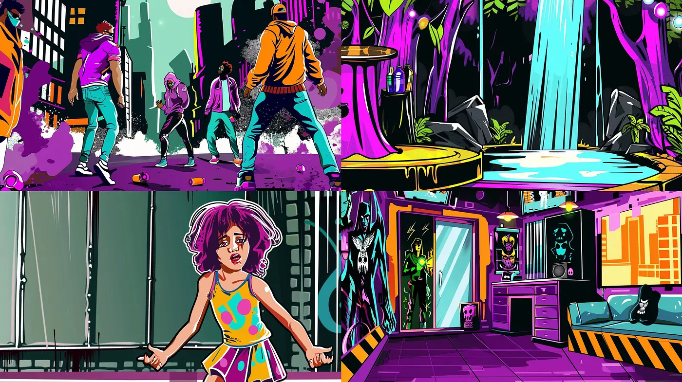 Neon Noir Fusion: An Amalgam of Vibrant Comic Artistry and Retro-Futuristic Sensibilities - Midjourney sref style