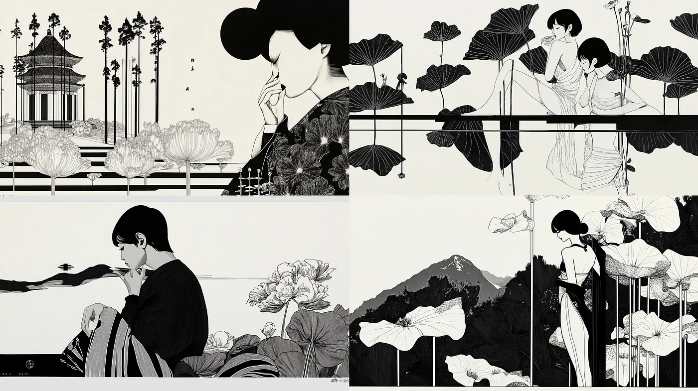 Monochrome Elegance in Stylized Nature - Midjourney sref style