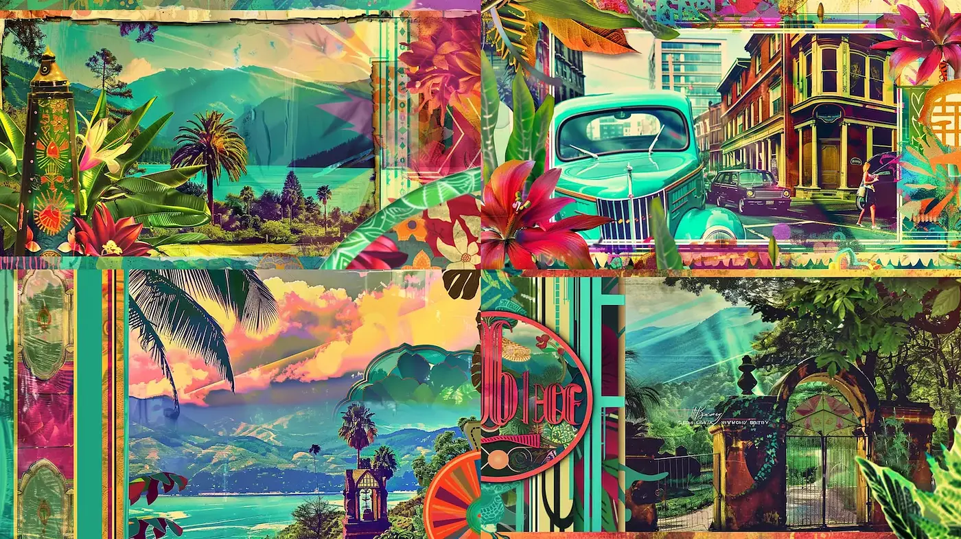 Lush Tropical Vintage Collage with Art Deco Influences - Midjourney sref style