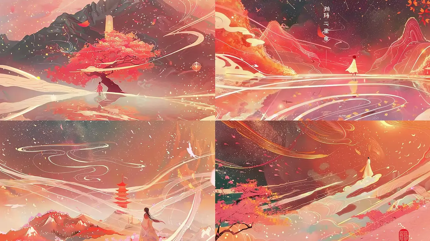 Harmonious Blend of Serene Colorful Landscapes Inspired by Traditional Asian Art - Midjourney sref style