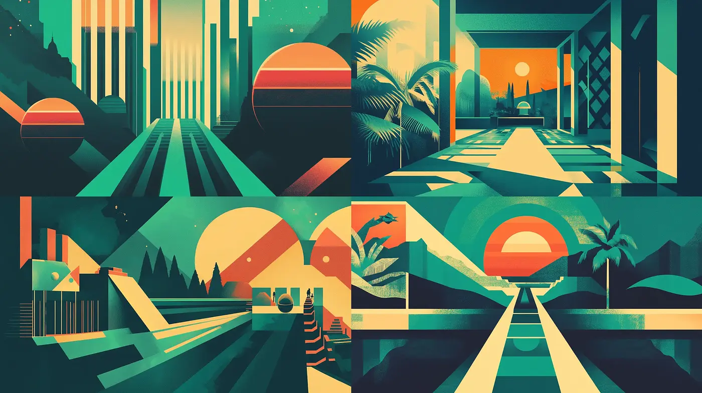 Retro Futuristic Visions in Sunset Hues - Midjourney sref style