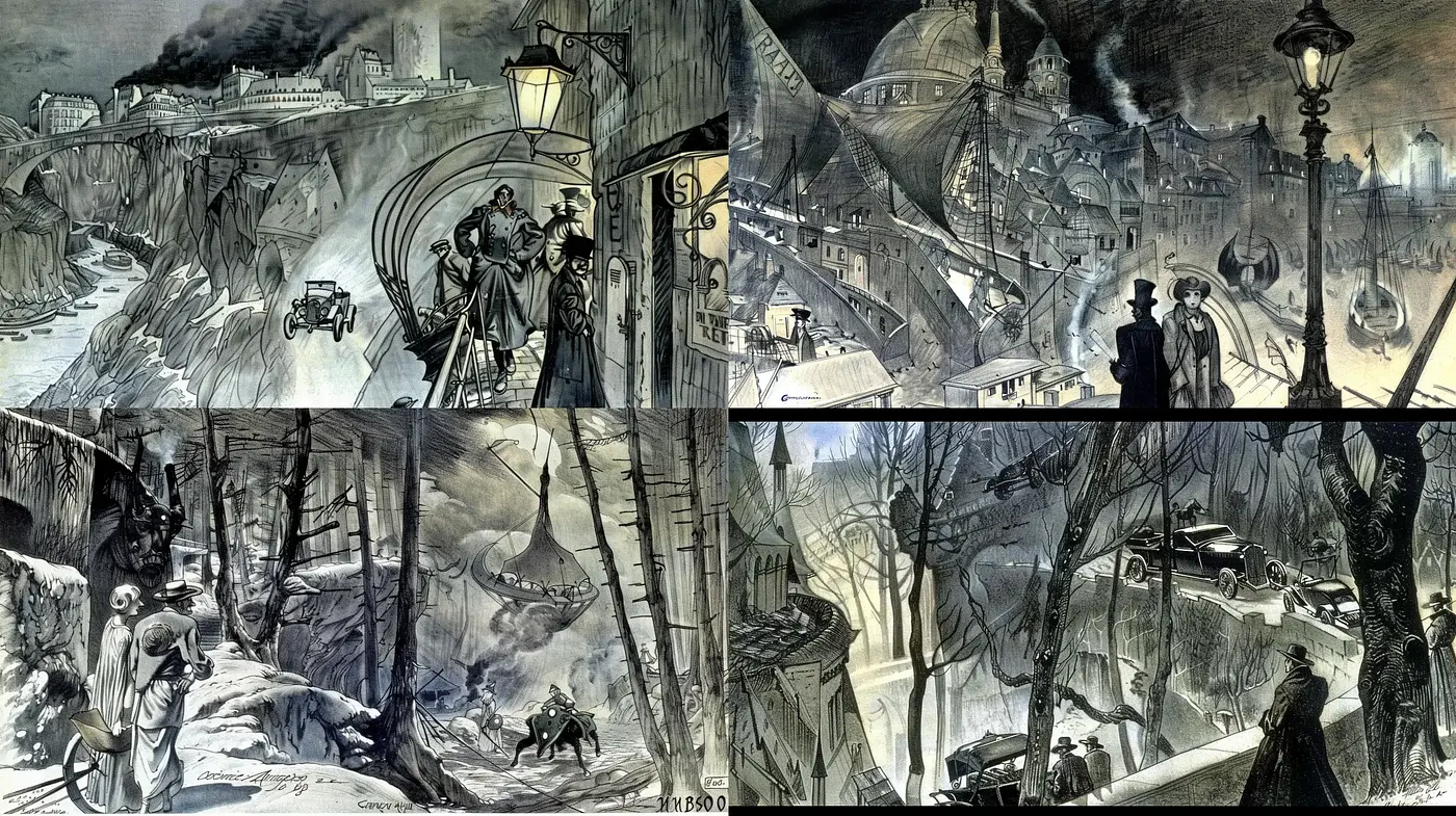 Gloomy Cinematic Tapestry: A Fusion of Film Noir and Expressionist Art - Midjourney sref style