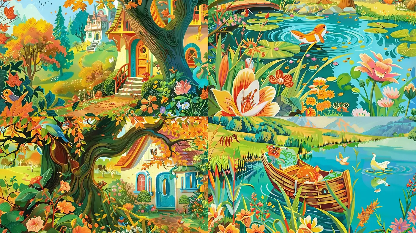 Enchanted Chromatic Tapestry: A Nostalgic Tribute to Vivid Storybook Whimsy - Midjourney sref style