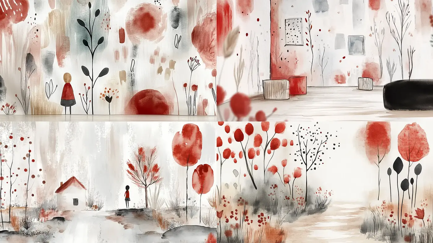 Ethereal Watercolor Dreamscape with Vivid Red Accents - Midjourney sref style