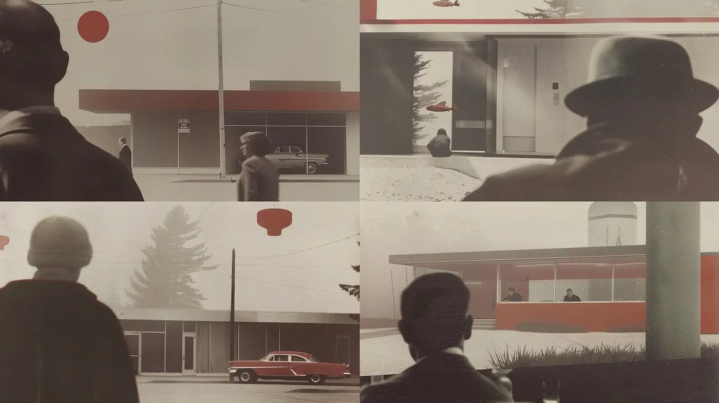Sepia-toned Nostalgic Cinematic Frames with Red Accent - Midjourney sref style