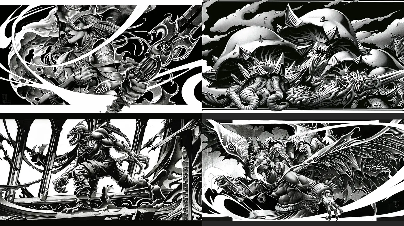 Monochromatic Fantasia: Ethereal Forms Encapsulated in Dark Elegance - Midjourney sref style