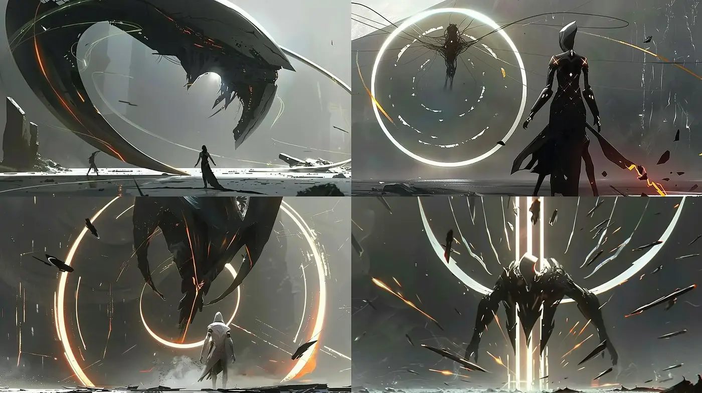 Ethereal Dystopian Visions: A Study in Monochromatic Sci-Fi Artistry - Midjourney sref style