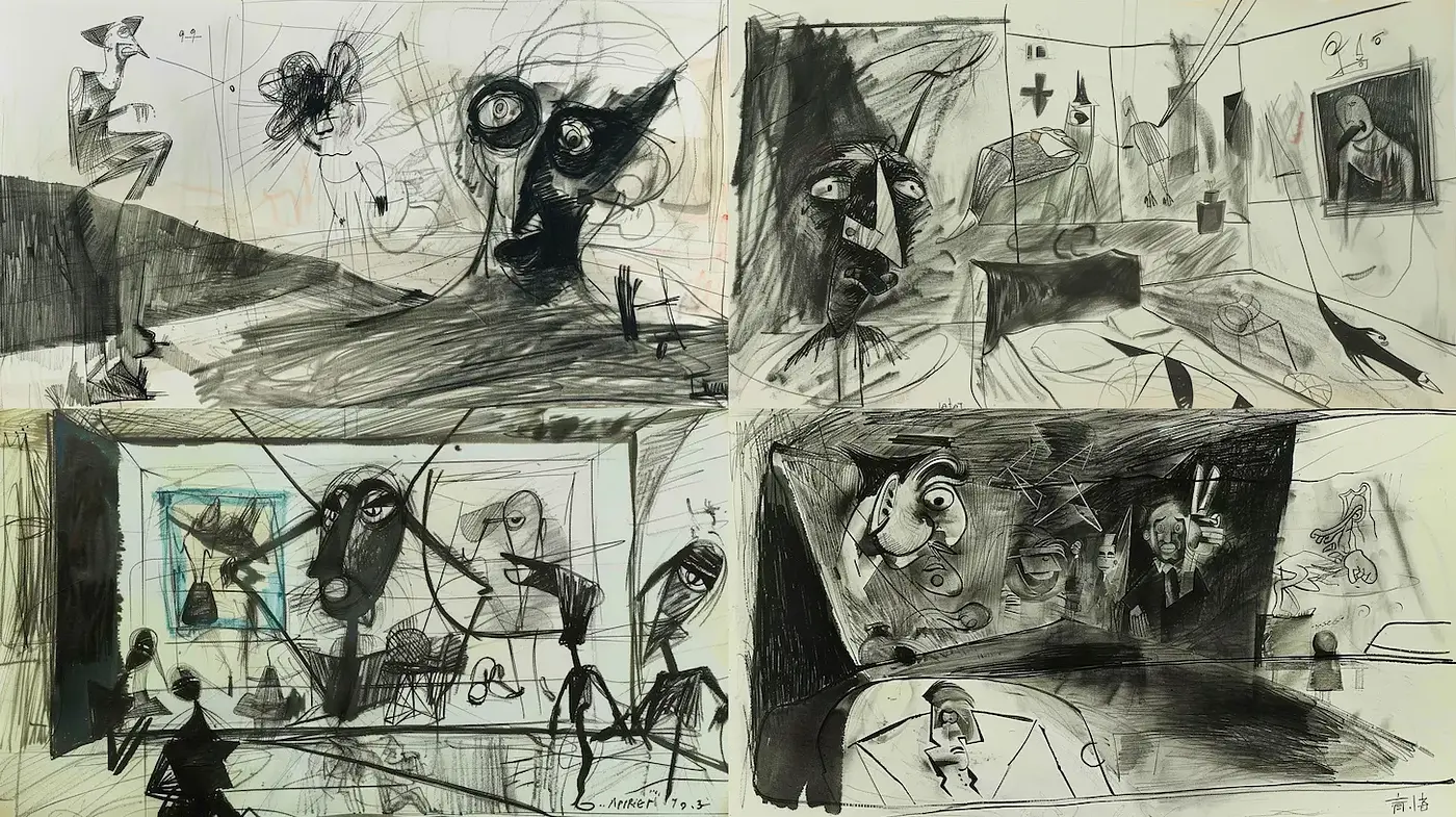 Expressive and Distorted Surrealism with Strong Monochromatic Elements - Midjourney sref style