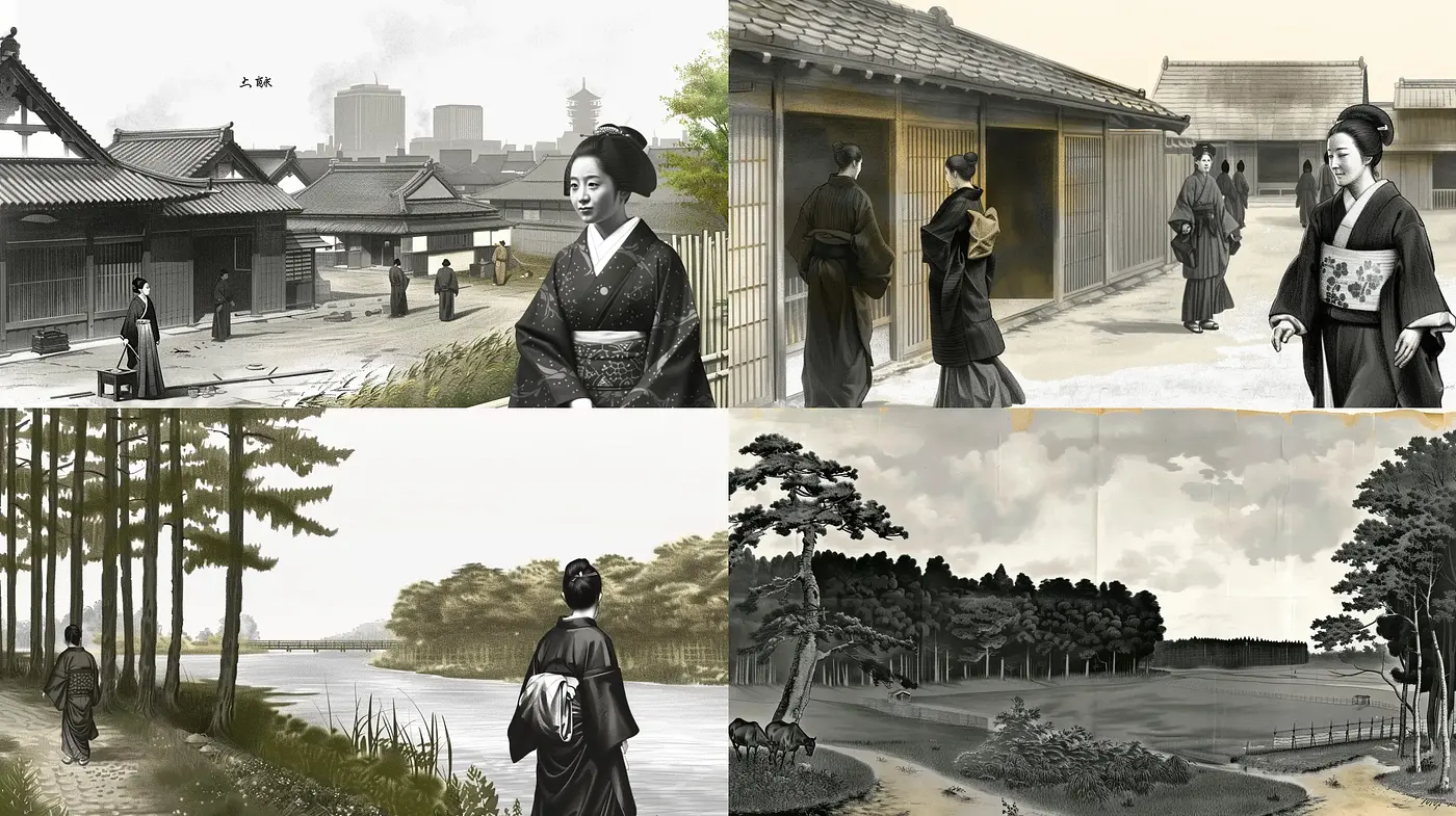 Monochromatic Nostalgia: A Homage to Traditional Japanese Woodblock Prints - Midjourney sref style