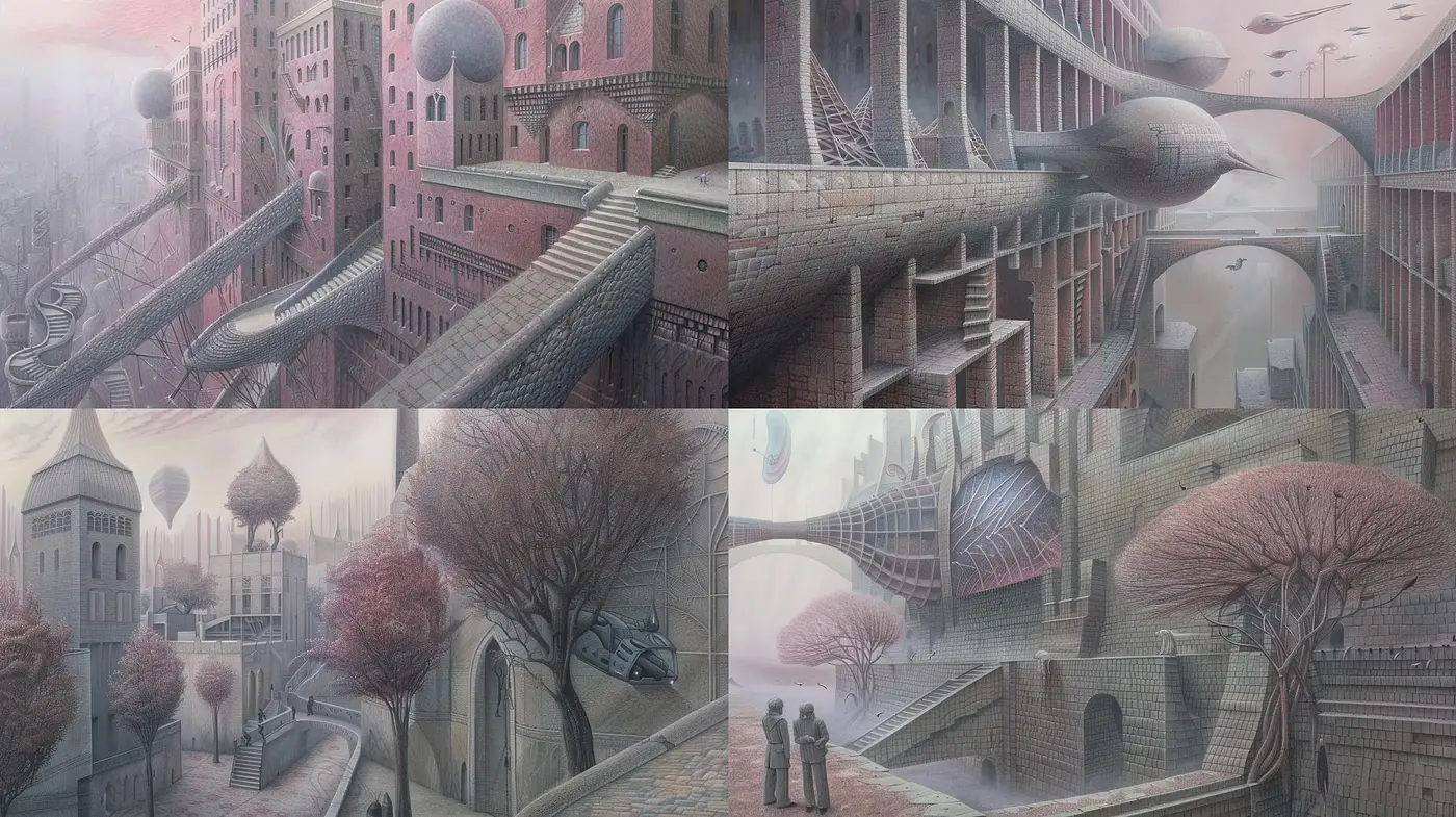 Ethereal Brickwork Fantasy: A Subdued Dreamscape in Rosy Sepia Tones - Midjourney sref style