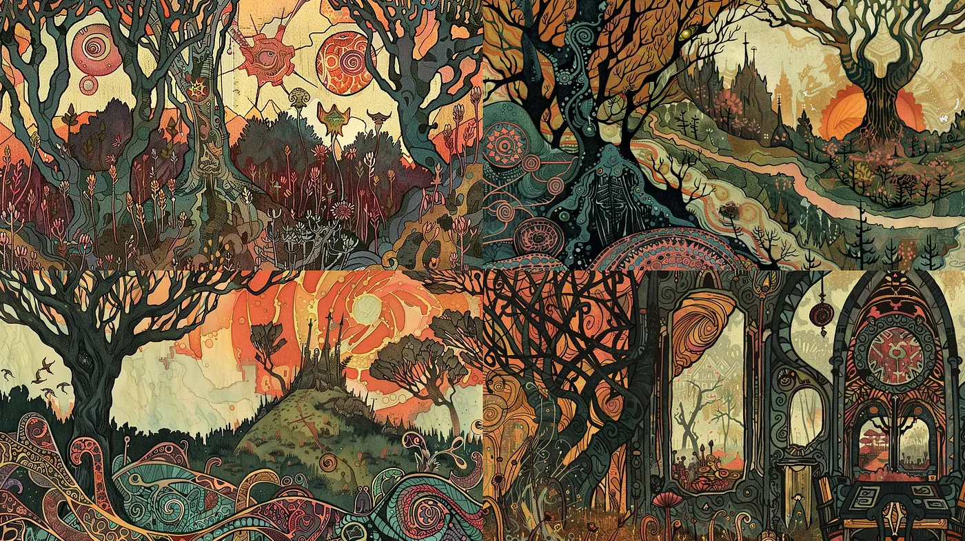 Whimsical Nature's Dream: A Fusion of Enchanted Forests and Art Nouveau Elegance - Midjourney sref style