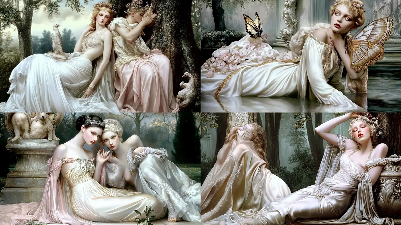 Ethereal Elegance in a Romanticized Classical Setting - Midjourney sref style