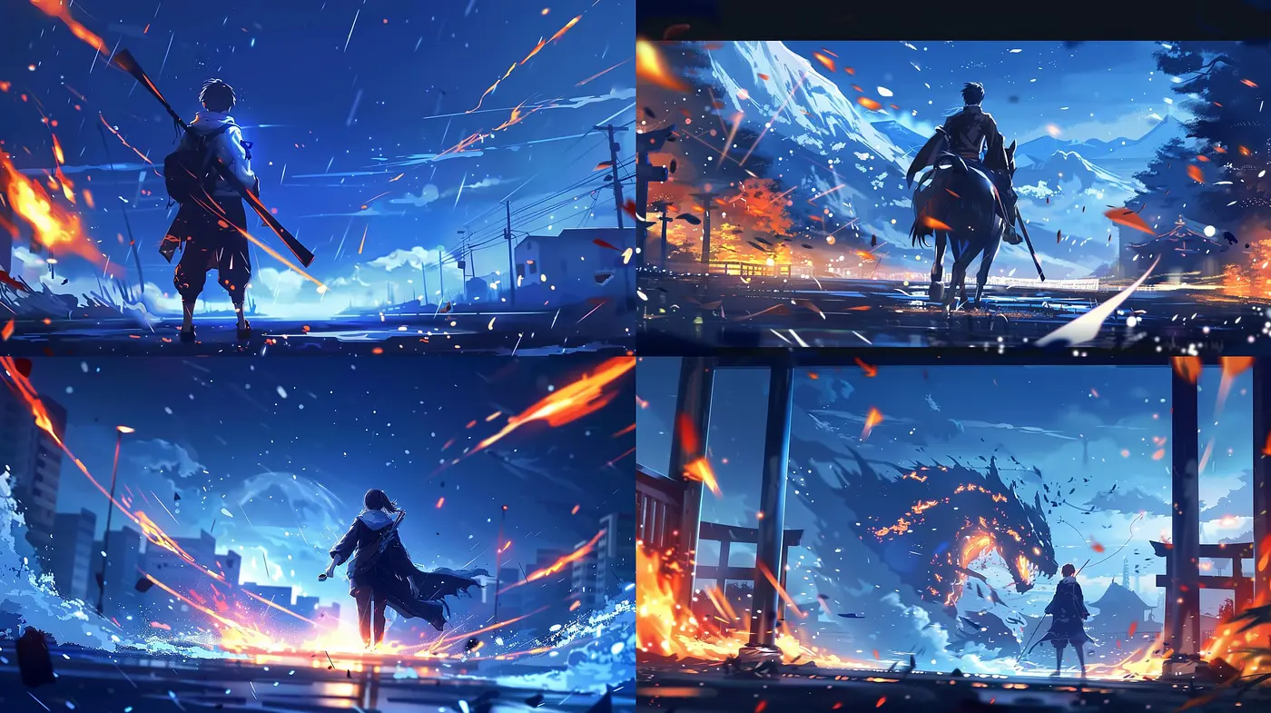 Dynamic Brushstroke Elegy in Cool Hues: A Synthesis of Action-Packed Manga and Fluid Impressionism - Midjourney sref style