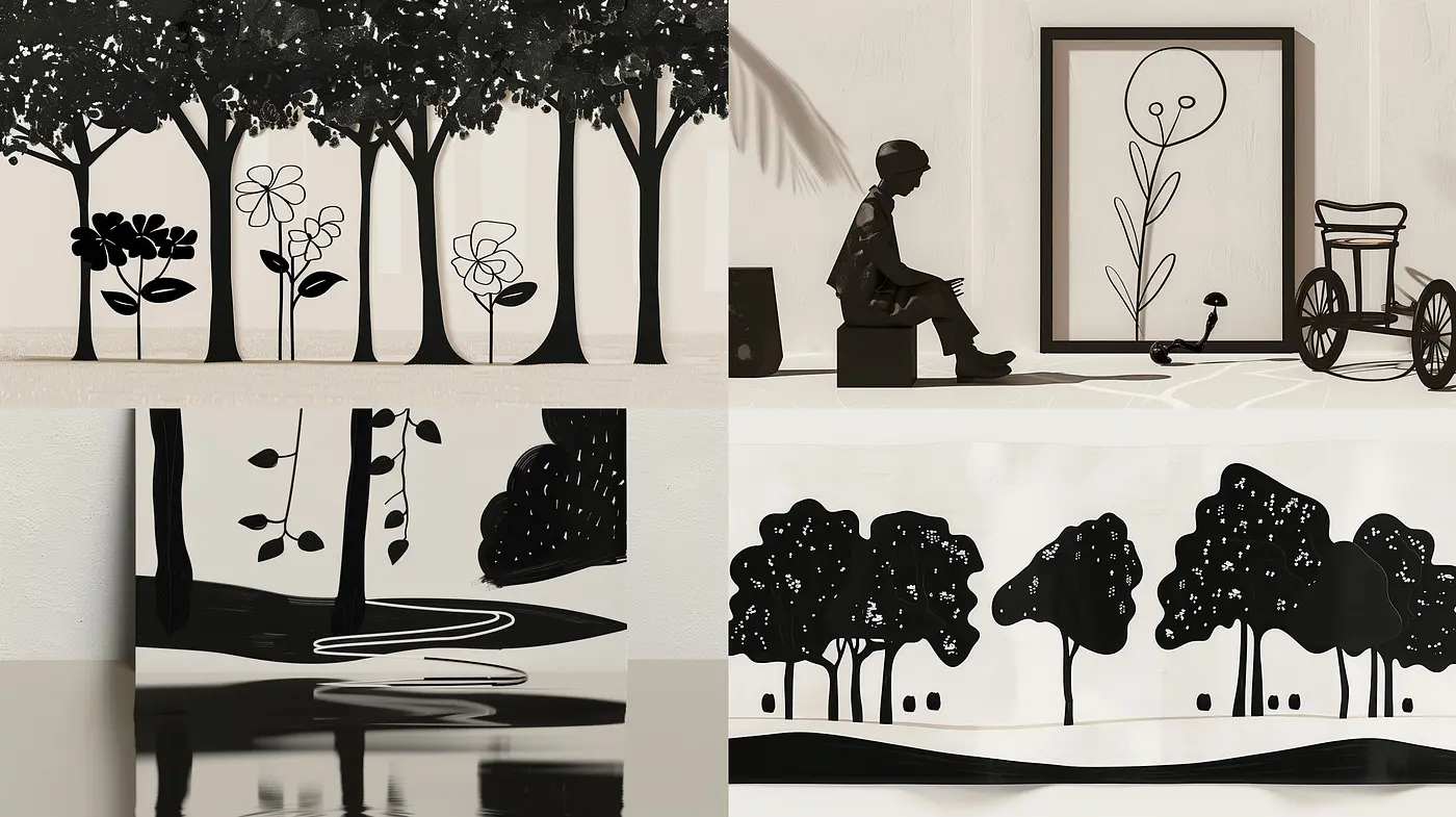 Monochromatic Silhouettes in Modern Minimalism - Midjourney sref style