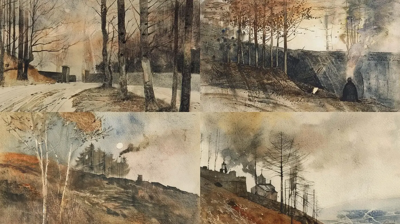 Diminutive Silhouettes Amidst Evocative Industrial Landscapes - Midjourney sref style