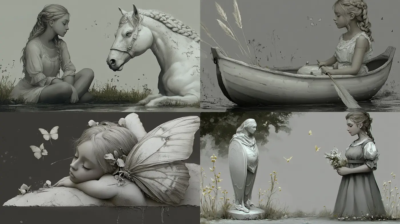 Monochromatic Pastoral Elegance with Surreal Elements - Midjourney sref style