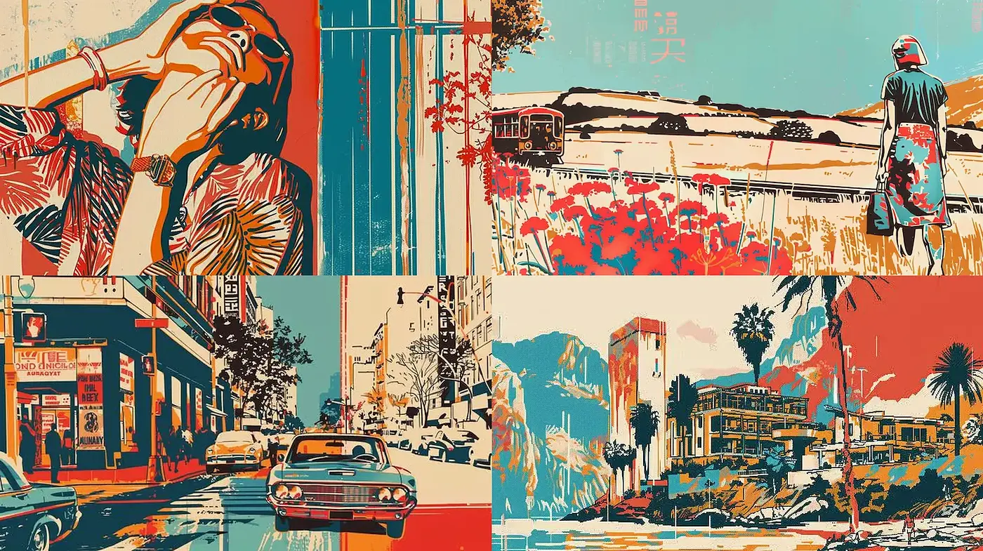Vibrant retro art infused with cinematic flair and modern illustration techniques - Midjourney sref style