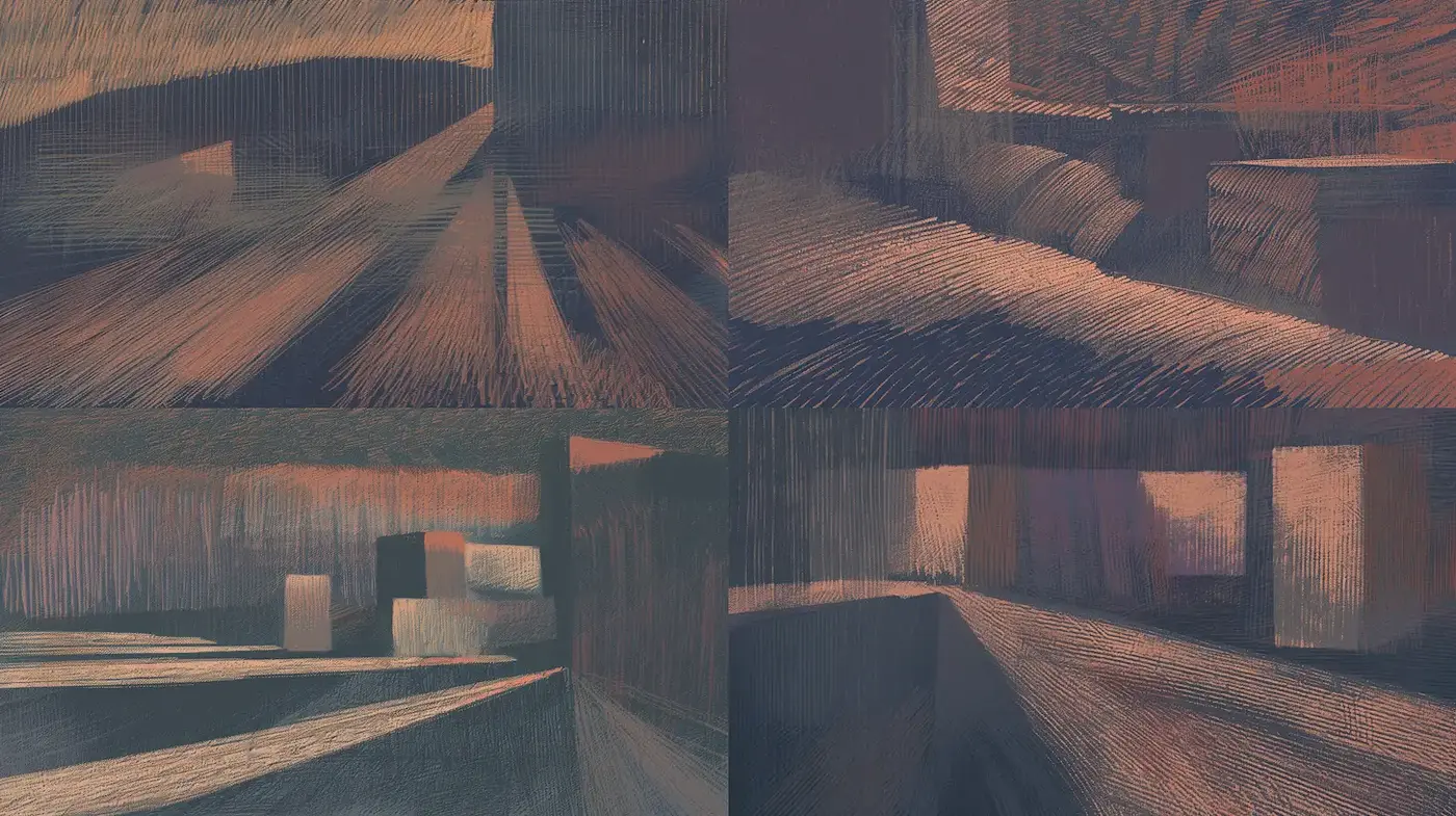 Abstract and Textured Landscape Aesthetics in a Harmonious Palette - Midjourney sref style
