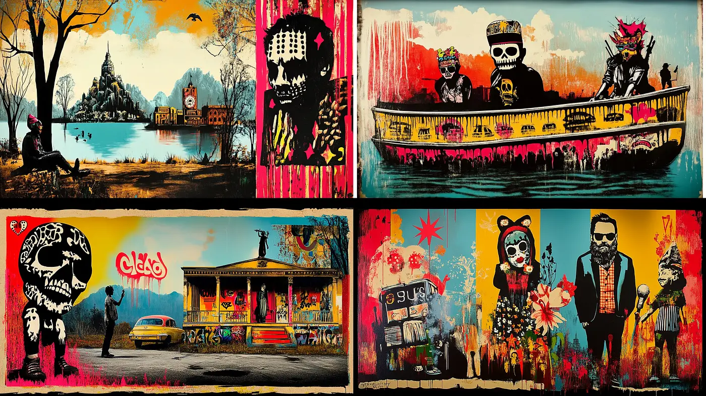 Vibrant Postmodern Juxtapositions with Urban Street Art Essence - Midjourney sref style