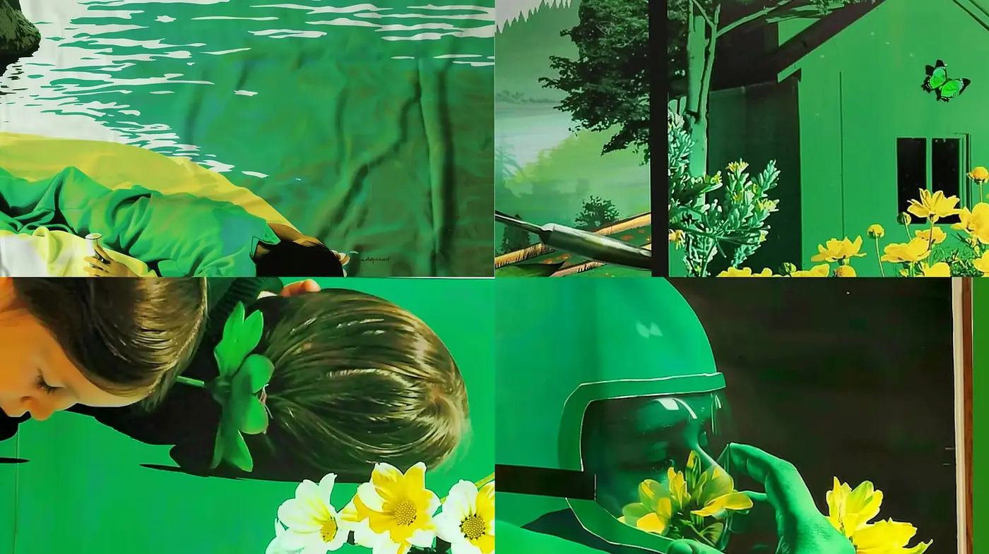 Lush Verdant Dreamscape: A Homage to Green Tones and Serene Vignettes - Midjourney sref style