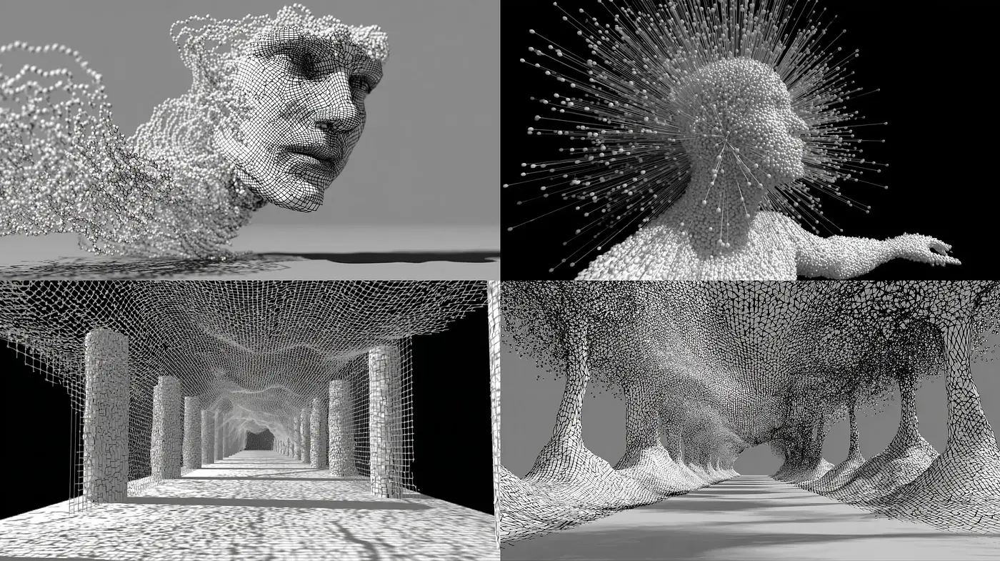 Exploring the Ethereal Architecture of 3D Wireframe Forms - Midjourney sref style