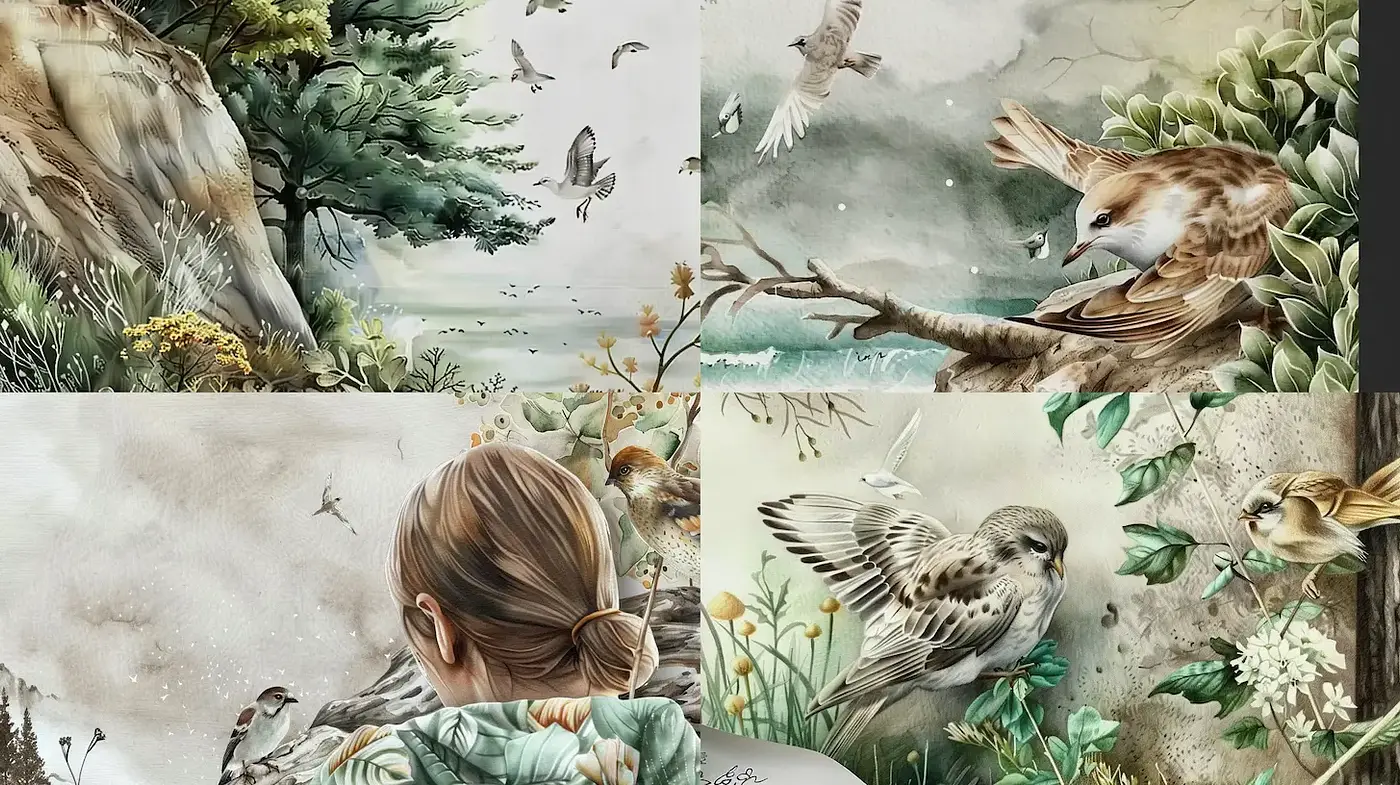 Serene Nature Illustration with a Touch of Whimsy - Midjourney sref style