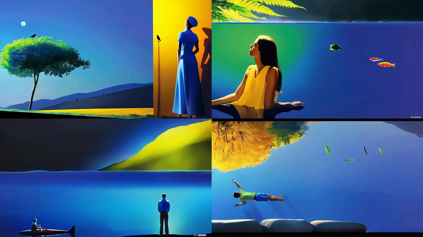 Serene Silhouettes and Reflective Landscapes: A Study in Contrasts and Vivid Colors - Midjourney sref style