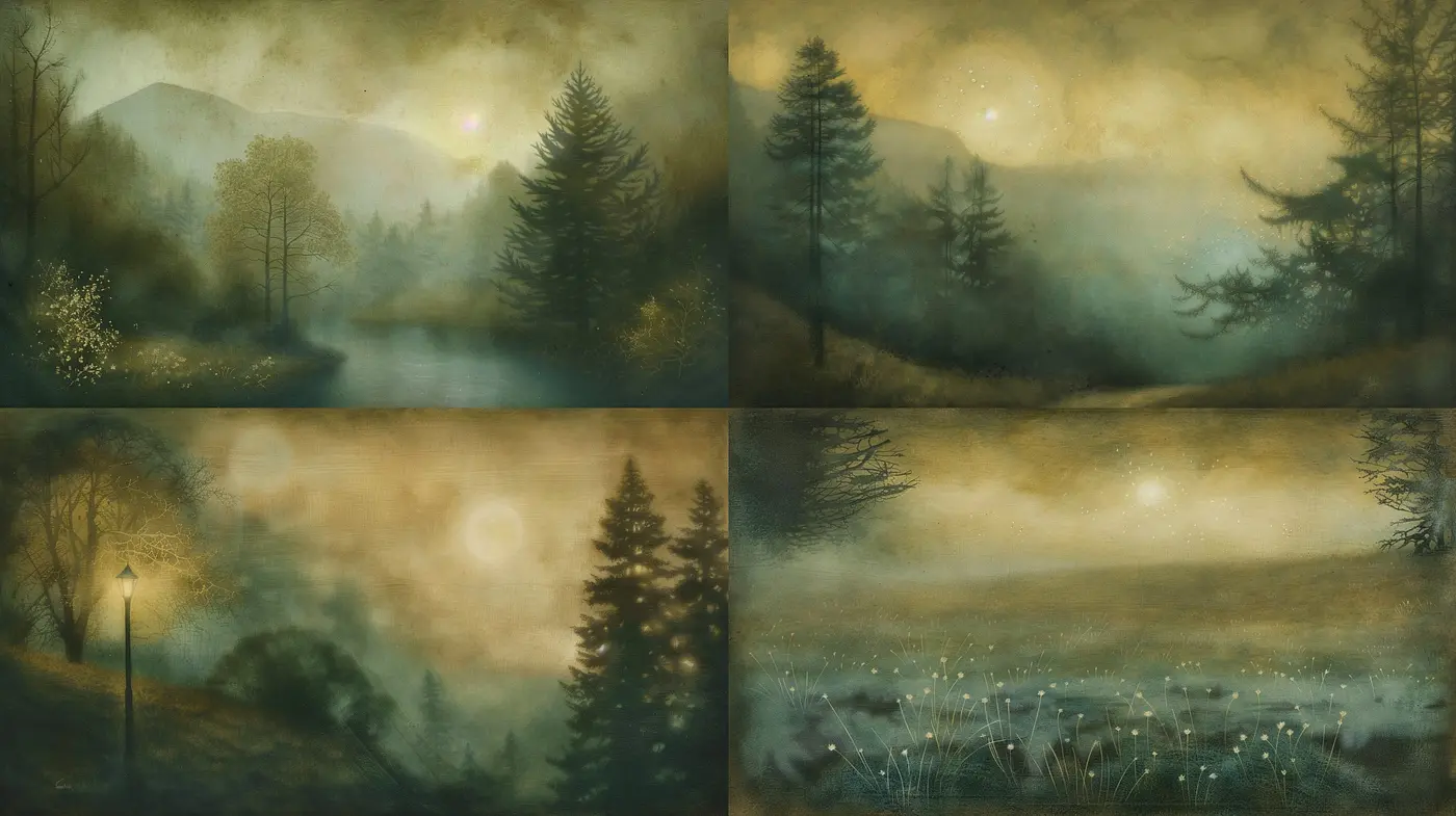 Ethereal Dusk: Consistent Luminescence and Warm Hues in an Evocative Landscape Series - Midjourney sref style
