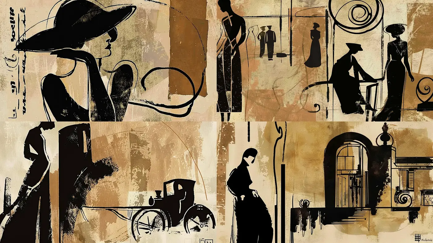 Elegant Silhouettes and Vintage Shades in Stylized Urban Tableaus - Midjourney sref style