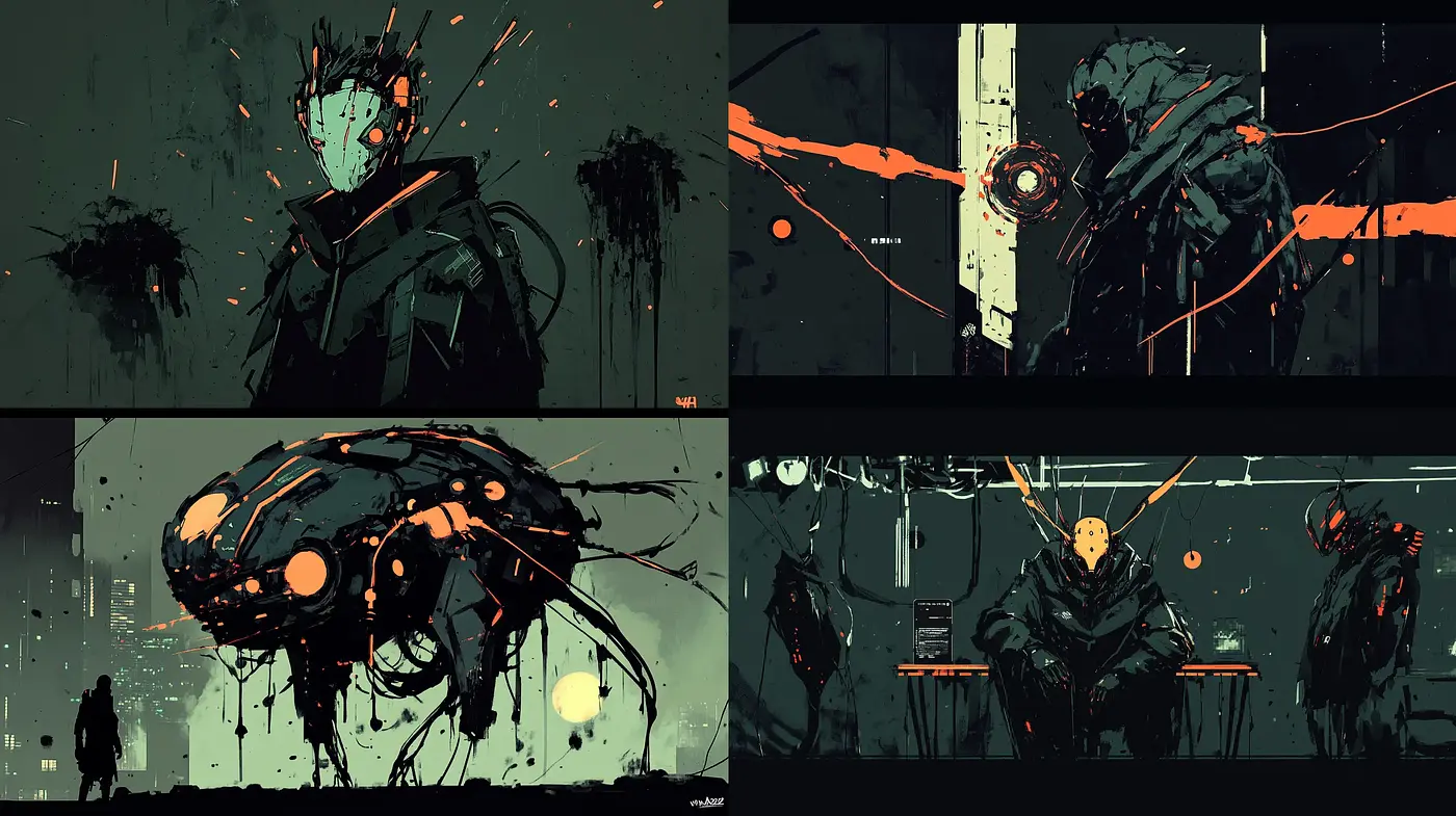 Gritty Cyberpunk Aesthetic with Dark Tones and Neon Accents - Midjourney sref style